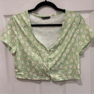 Light Green Ditsy Floral Print Button-Up Crop Top